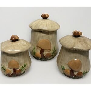 Vintage 1970s Arnel's Mushroom 3 Canister Set + Lids - Brown Yellow Green Glossy